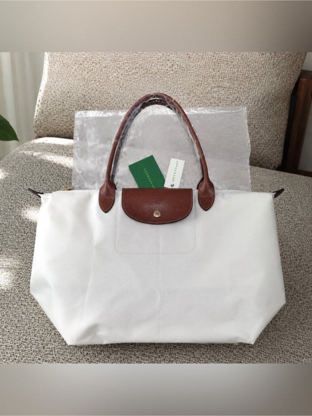 Longchamp White Tote with Brown Leather Trim and Handles
